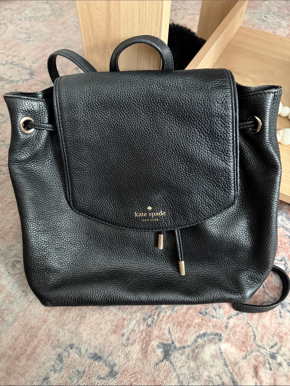 kate spade Black Pebbled Leather Drawstring Backpack